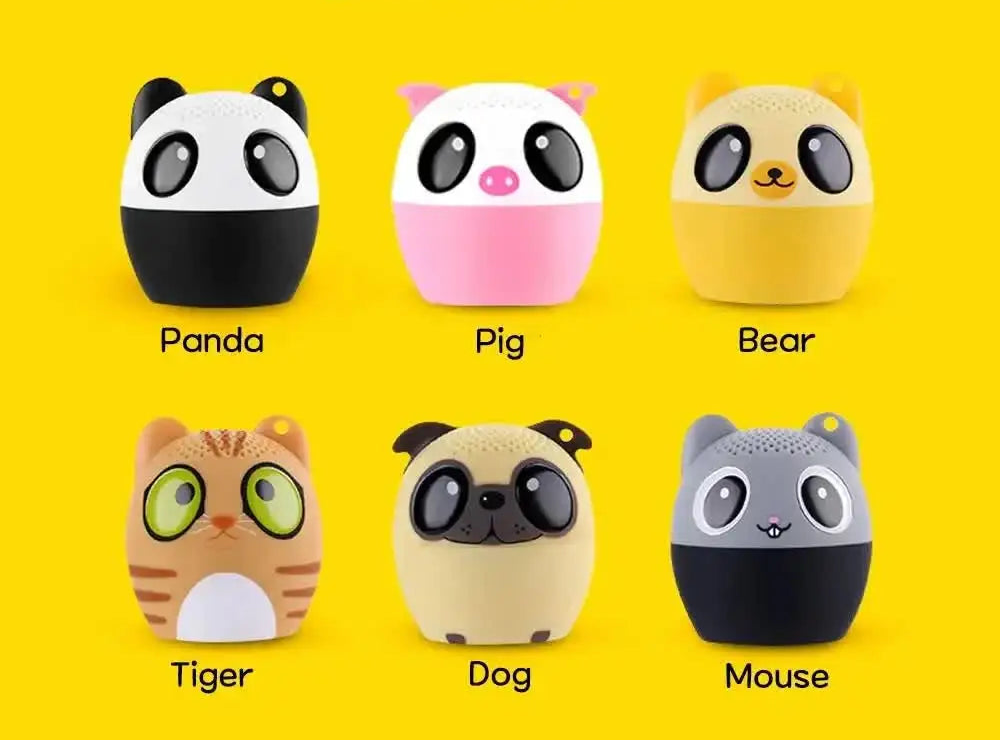 Six cute animal-shaped speakers on a yellow background with 'Cute pet party' text.