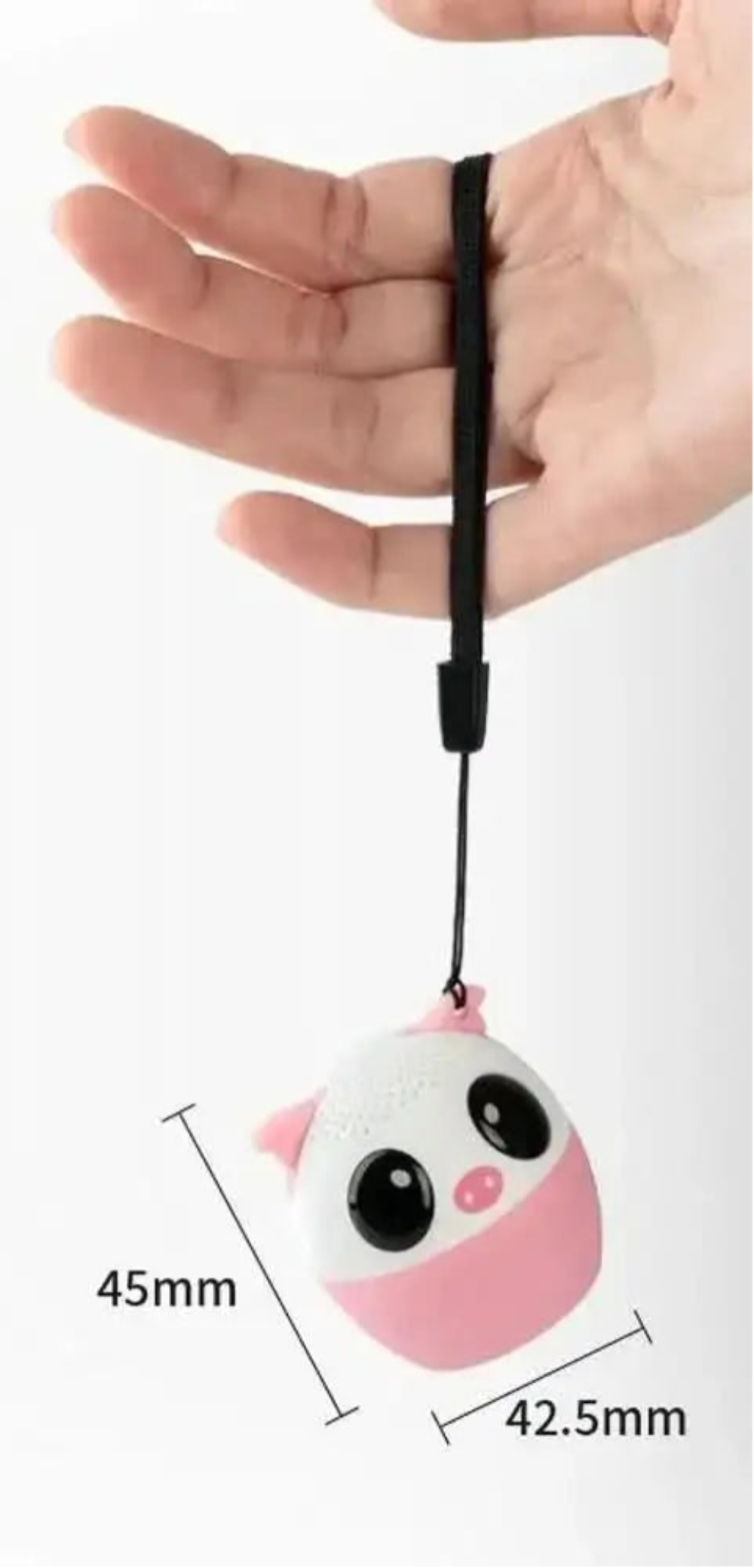 Small panda-shaped音箱 with measurement details on a white background