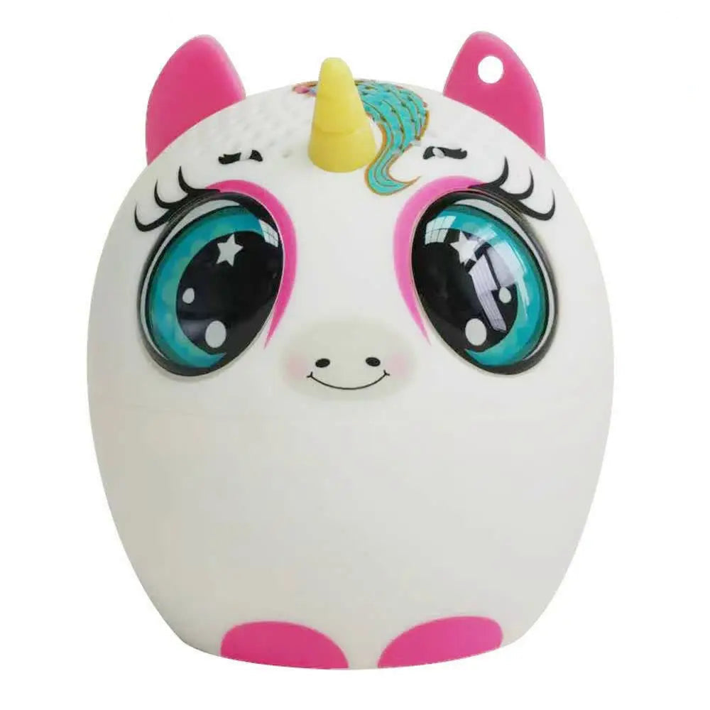 Unicorn-shaped Bluetooth speaker with pink and yellow accents on a white background